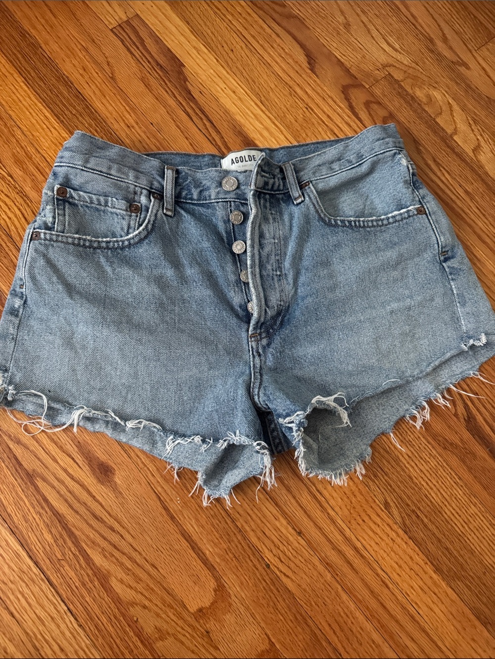 Agolde Blue High-Rise Frayed Denim Shorts